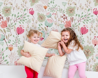 Nursery Floral Wallpaper | Kids Soft Garden Flowers Wall Mural | Floral Peel and Stick Wallpaper