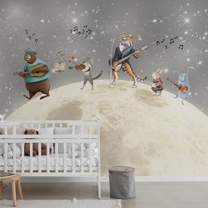 Kids Wallpaper | Musical Animals on the Moon Wallpaper | Peel and Stick Wallpaper
