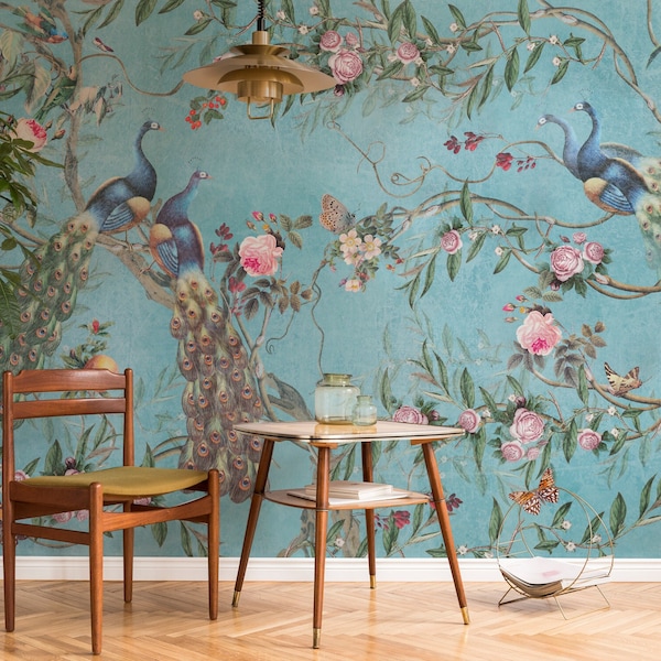 Chinoiserie Wallpaper | Peacock with Flower Wall Mural | Peel and Stick Wallpaper