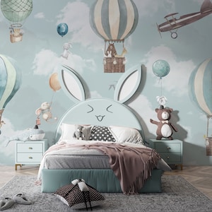 Kids Wallpaper Peel and Stick Kids Animals with Hot Air Balloon Wall Mural image 7