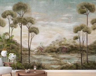 Vintage landschapsbehang | Schilderachtige muurschildering | Landelijk behang Peel and Stick | Verwijderbaar behang