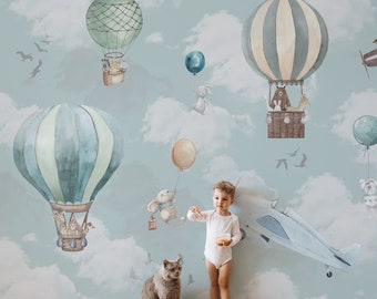 Kids Wallpaper Peel and Stick | Kids Animals with Hot Air Balloon Wall Mural