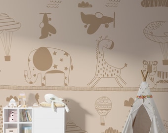 Kids Wallpaper | Solid Color Cute Animals on Rope Wall Mural | Nursery Wallpaper Peel and Stick