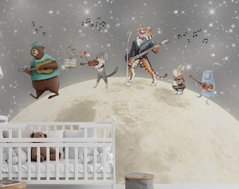 Kids Wallpaper | Musical Animals on the Moon Wallpaper | Peel and Stick Wallpaper