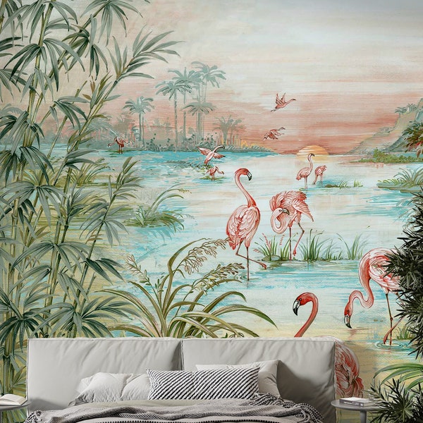 Vintage Tropical Wallpaper | Tropical Landscape Wall Mural | Flamingo Wallpaper | Peel and Stick Wallpaper