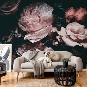 Large Dark Peony Floral Wallpaper Peel and Stick Dark Floral Wall Mural image 4