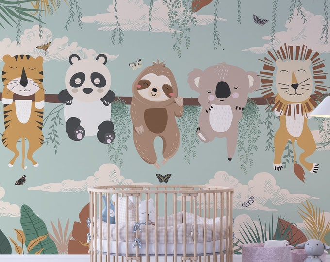 Featured listing image: Kids Wallpaper, Whimsical Jungle Friends Wallpaper Mural, Safari Theme Kids Wallpaper, Cute Safari Wall Art for Kids Room Decor, Removable