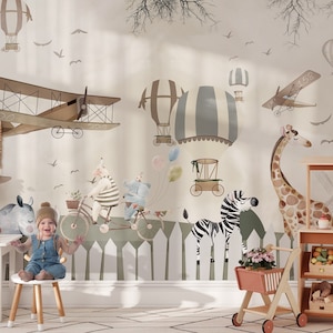 Kids Wallpaper Peel and Stick | Safari Animals with Air Plane Wall Mural | Nursery Room Wallpaper