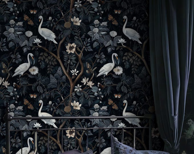 Featured listing image: Moody Botanical Swan Wallpaper | Dark Vintage Floral Wall Mural | Peel and Stick Removable Wallpaper