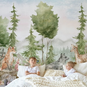 Carta da parati adesiva per bambini con tema foresta, carta da parati con animali del bosco, carta da parati rimovibile, carta da parati per bambini
