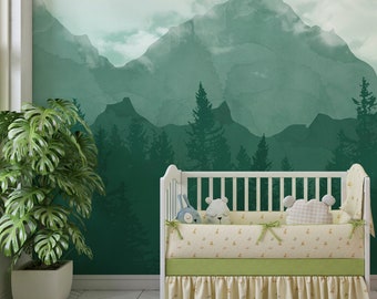 Kids Wallpaper Peel and Stick | Soft Watercolor Sky and Mountains Wall Mural