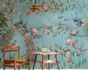 Chinoiserie-behang | Pauw met bloem muurschildering | Schil en plak behang