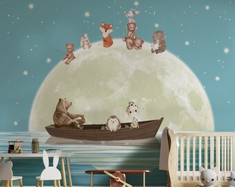 Kids Wallpaper | Cute Animals on the Moon Wall Mural | Kids Peel and Stick Wallpaper