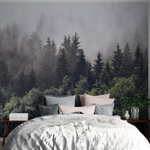 Forest Wallpaper Nature Wall Mural Peel and Stick Self Adhesive Foggy Forest Mural Living Room image 1