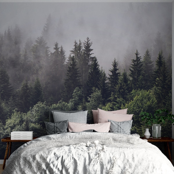 Misty Pine Forest Wallpaper | Moody Nature Wall Mural | Removable Peel and Stick