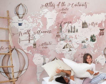 Kids Map Wallpaper Peel and Stick | Kids World Map Wall Mural | Educational Map Wallpaper