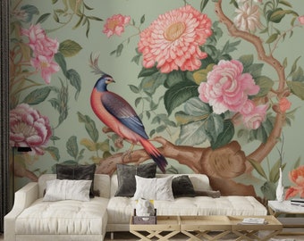 Peony Wallpaper | Floral with Chinese Birds Wall Mural | Peel and Stick Flower Wallpaper