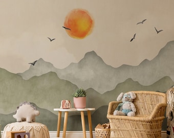 Kids Wallpaper | Bohemian Colors Soft Green Mountain with Sky Wallpaper Mural | Kids Peel and Stick Wallpaper | Nursery Boho Wallpaper
