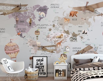 Kids Map Wallpaper Peel and Stick | Kids World Map Wall Mural | Educational Map Wallpaper