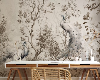 Chinoiserie Wallpaper | Watercolor Chinese Birds with Tree Wall Mural | Peel and Stick