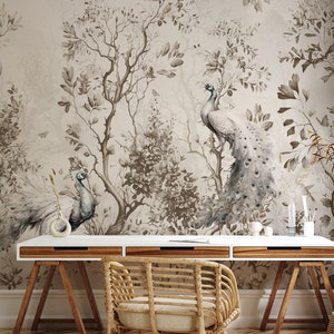 Chinoiserie Wallpaper | Watercolor Chinese Birds with Tree Wall Mural | Peel and Stick