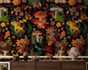 Dark Botanical Wallpaper | Magical Mushroom Garden Wall Mural | Removable Peel and Stick