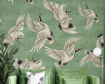 Green Crane Birds Wallpaper, Peel and Stick, Heron Asian Wallpaper, Vintage Crane Birds Wall Art, Temporary Wallpaper, Removable Wallpaper