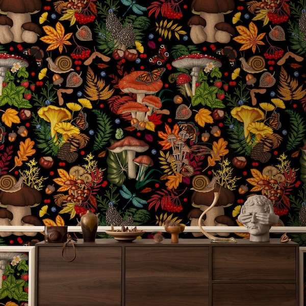 Dark Botanical Wallpaper | Mushroom Species and Butterfly Wall Mural | Botanic Plants Wallpaper Peel and Stick