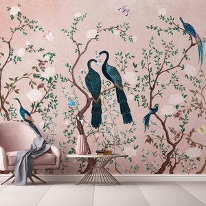 Chinoiserie Wallpaper | Peacock with Flower Wall Mural | Vintage Chinoiserie Wallpaper Peel and Stick