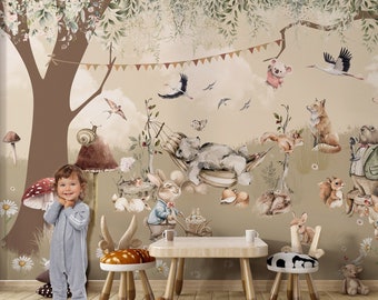 Forest Animals Wallpaper | Kids Wallpaper Peel and Stick | Watercolor Nursery Forest Wallpaper