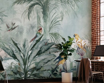 Exotic Jungle Wallpaper | Vintage Tropical Forest Wall Mural | Removable Peel and Stick