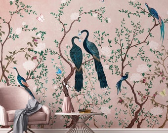 Chinoiserie Tapete | Pfau mit Blume Wandbild | Vintage Chinoiserie Tapete schälen und aufkleben