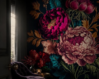 Oversized Moody Dark Floral Wallpaper | Vintage Botanical Wall Mural | Removable Peel and Stick