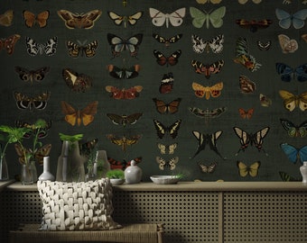 Botanische Tapete, Schmetterlingsmuster, Abnehmbare Vintage Tapete, Dunkelgrüne Tapete, Wohnzimmerdekor