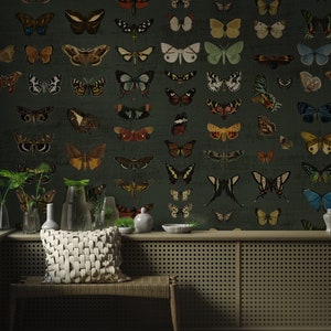 Botanical Wallpaper Peel and Stick, Butterfly Pattern, Removable Vintage Wallpaper, Dark Green Wallpaper, Living Room Decor