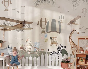 Kids Wallpaper Peel and Stick | Safari Animals with Air Plane Wall Mural | Nursery Room Wallpaper