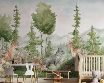 Kids Forest Wallpaper Peel and Stick | Pine Tree with Woodland Animals Wall Mural