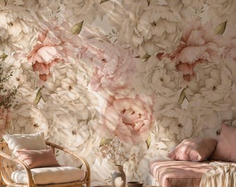Watercolor Peony Wallpaper | Soft Pink Floral Mural | Removable Peel and Stick