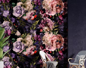 Papel pintado floral morado oscuro / Mural de pared de flores de peonía en acuarela / Fácil de despegar y pegar