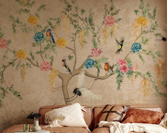 Elegant Vintage Chinoiserie Wallpaper | Removable Bird and Blossom Wall Mural | Peel and Stick