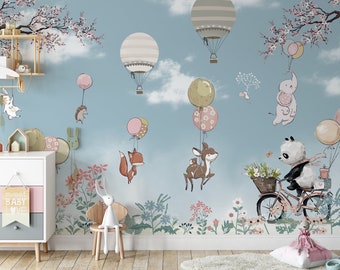 Kids Wallpaper | Cute Flying Animals Wall Mural | Hot Air Balloon Wallpaper | Nursery Room Decor | Kids Peel and Stick Wallpaper
