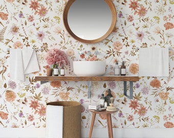 Papel pintado vintage de flores silvestres / Mural de pared floral de campo botánico en acuarela / Fácil de quitar y pegar