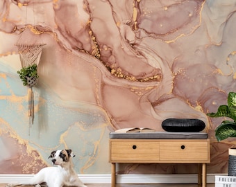 Pink & Gold Marble Wallpaper | Abstract Art Wall Mural | Peel and Stick Wallpaper