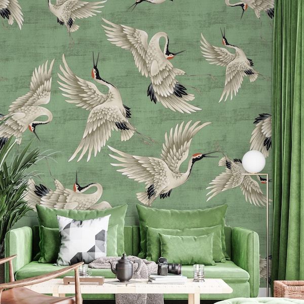 Green Crane Wallpaper | Chinoiserie Birds Wall Mural | Removable Peel and Stick