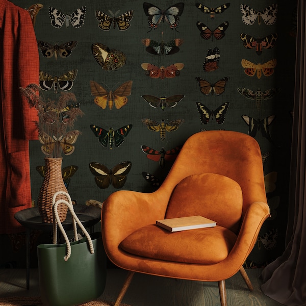 Dark Botanical Butterfly Wallpaper Mural | Vintage Green Removable Wallpaper