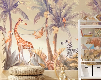 Kids Wallpaper | Watercolor Safari Adventure Wall Mural | Safari Wallpaper Peel and Stick