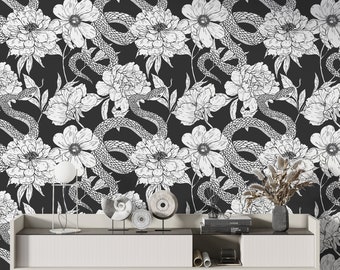 Black and White Floral Wallpaper | Snakes & Flowers Wall Mural | Removable Peel and Stick