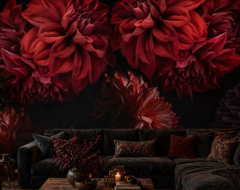 Dramatic Red Floral Wallpaper | Dark Flowers Wall Mural | Removable Wallpaper