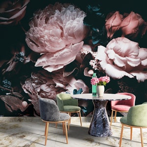 Large Dark Peony Floral Wallpaper Peel and Stick Dark Floral Wall Mural image 1