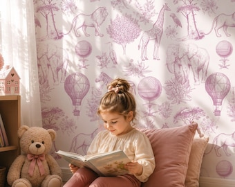 Toile de Jouy flickor barnrumstapet | Safari äventyr väggmålning | Avtagbar självhäftande tapet